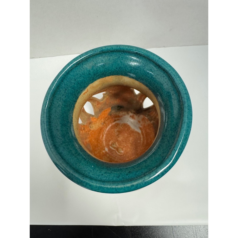 Vintage 1993 RAD Studio Pottery Drip Glaze Cutout Vase Teal Burgundy Orange 5" - Picture 6 of 7